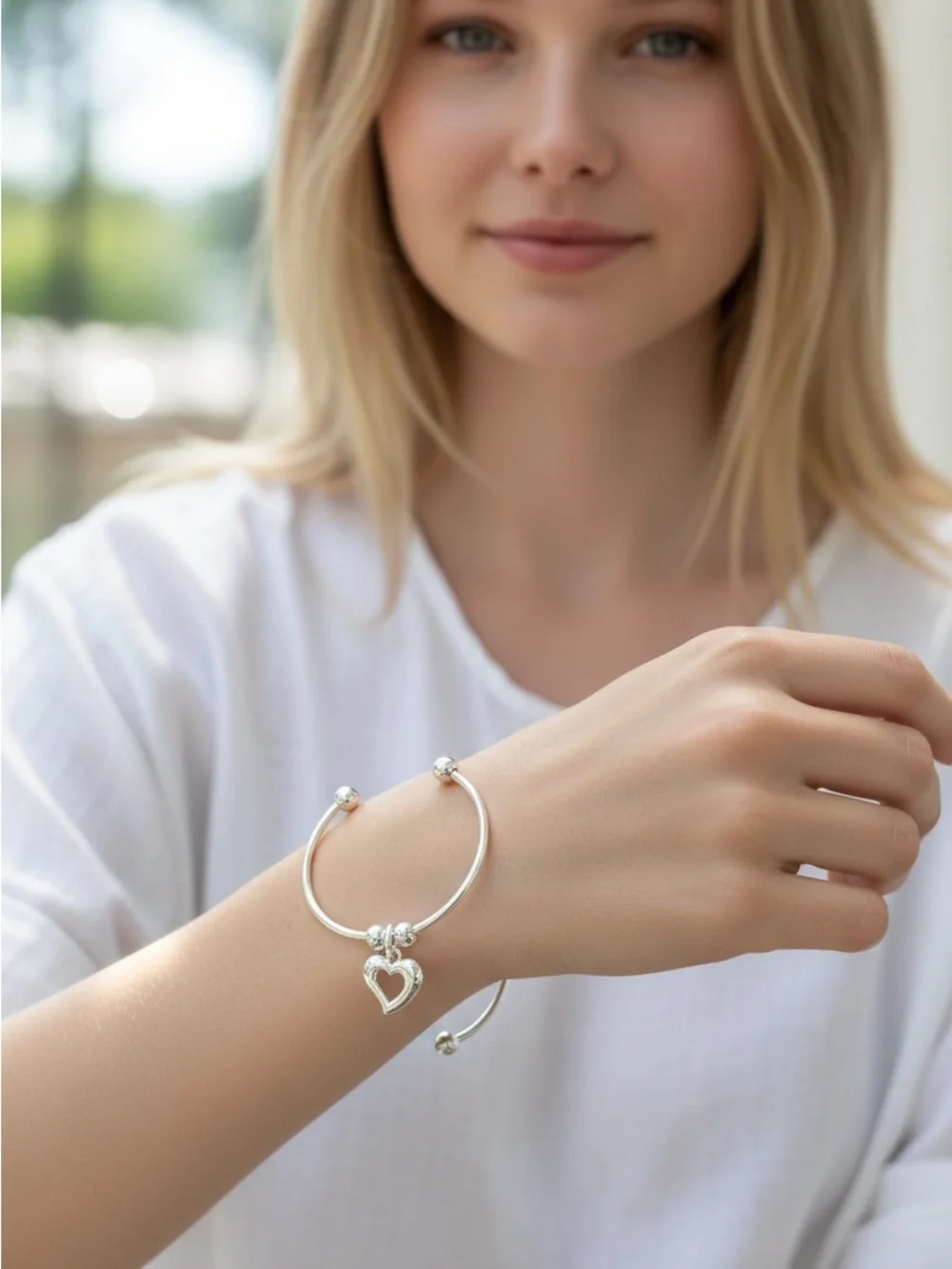 8/21 Silver Heart Charm Cuff Bracelet - Women Jewelry